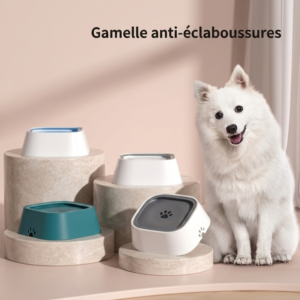 Chien à côté de la gamelle anti-éclaboussures