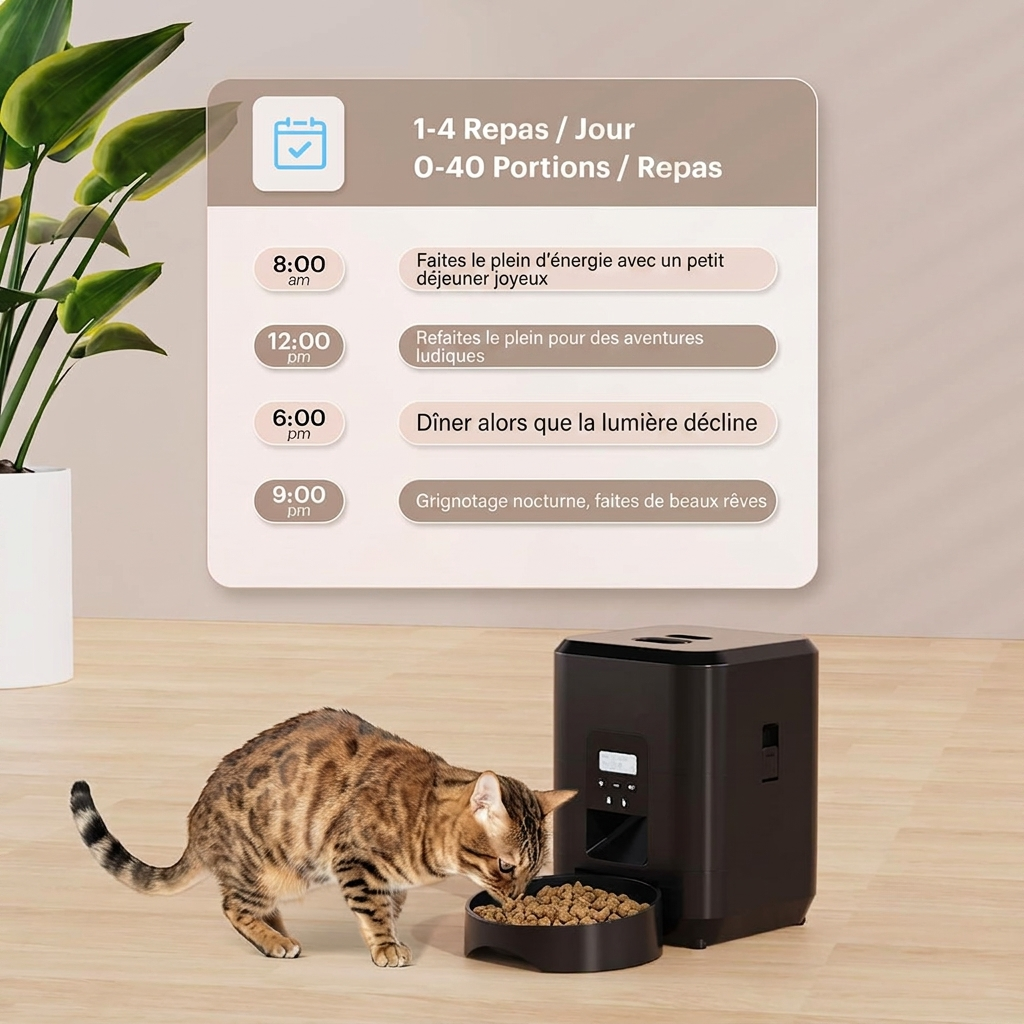 Chat mangeant devant le distributeur connecté