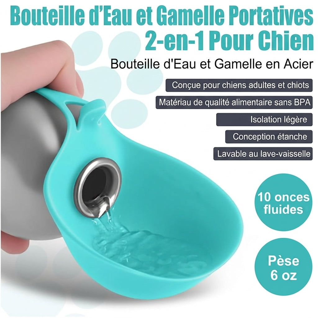 Bouteille d'eau et gamelle portatives 2-en-1 en acier pour chien, sans BPA et etanche