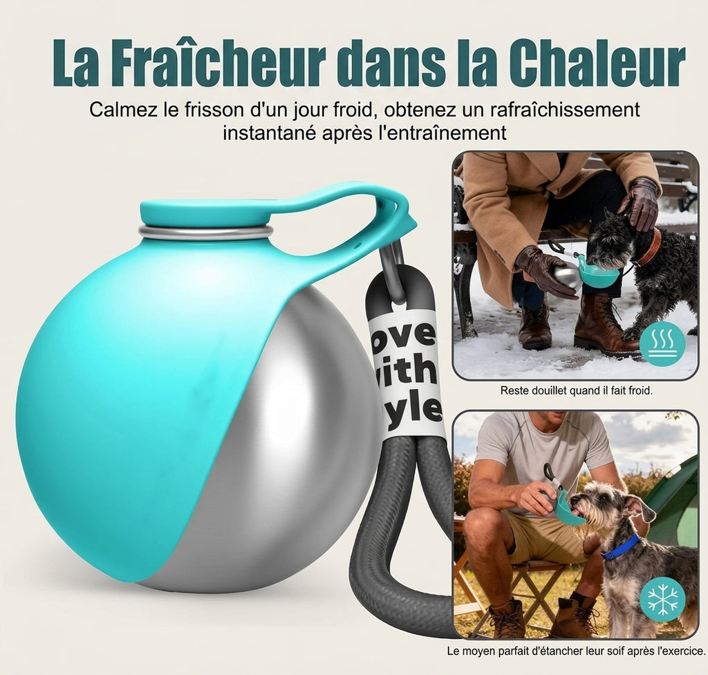 Chien qui boit dans la gourde balle pendant une promenade