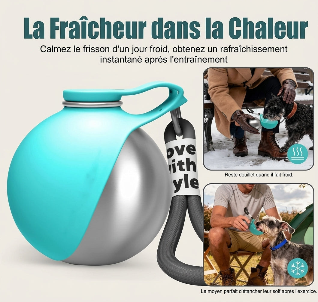 Chien qui boit dans la gourde balle pendant une promenade