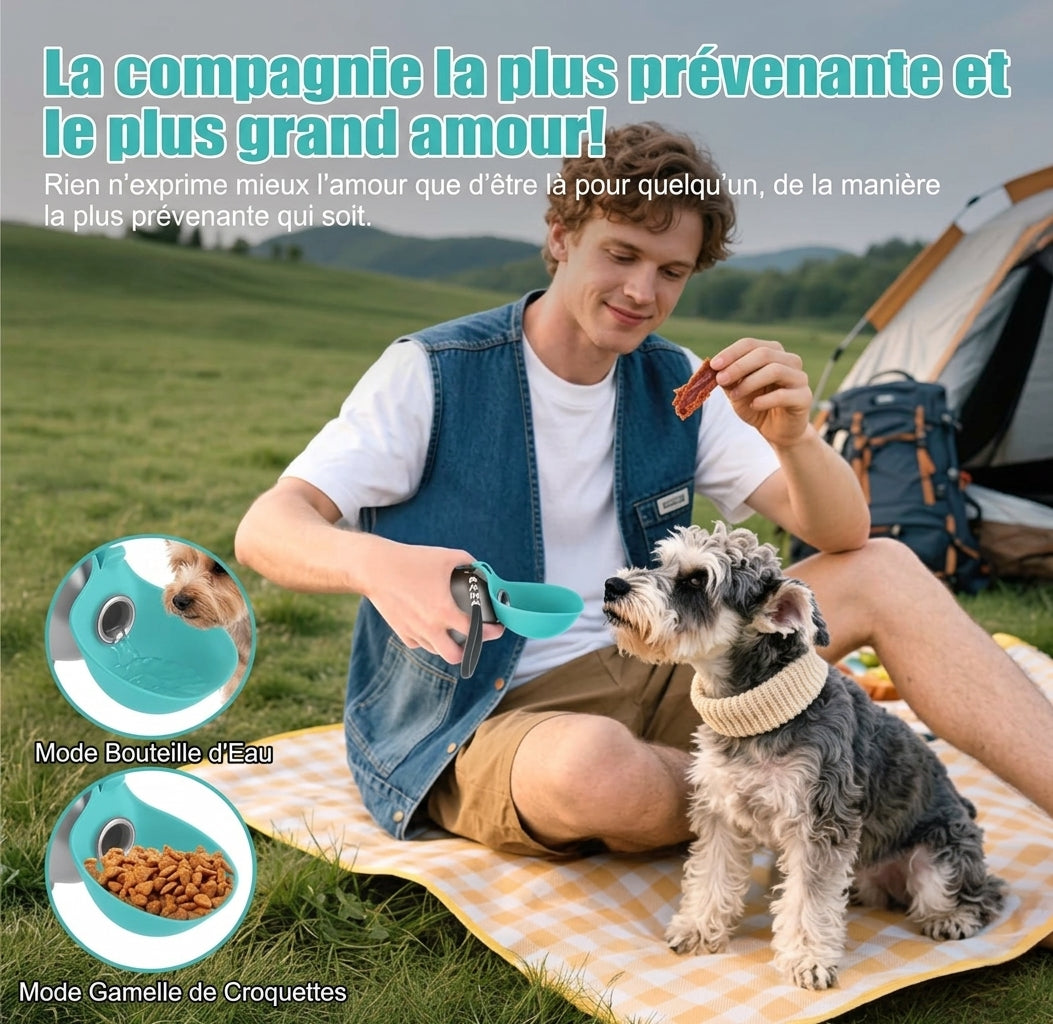 Deux modes d'utilisation : bouteille d'eau et gamelle de croquettes